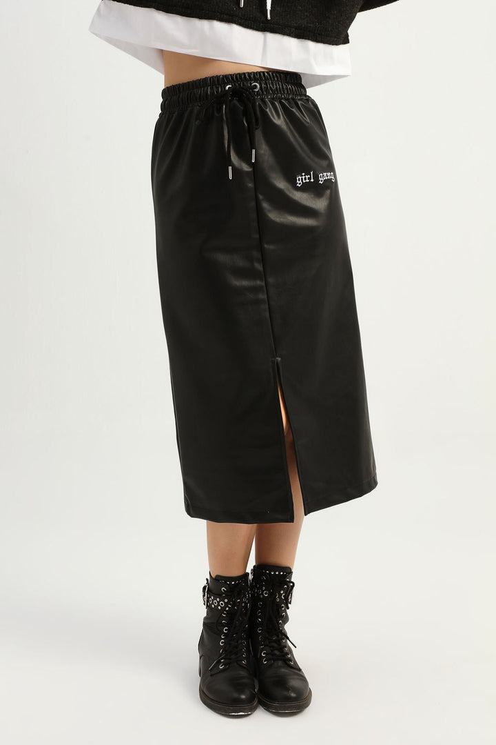 Letter Embroidered Slit Leather Skirt Black
