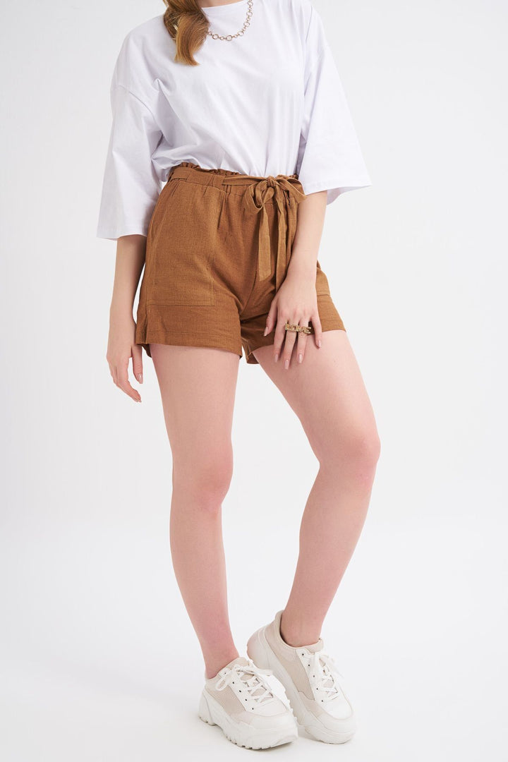Kuşaklı Yüksek Bel Keten Şort Kahverengi