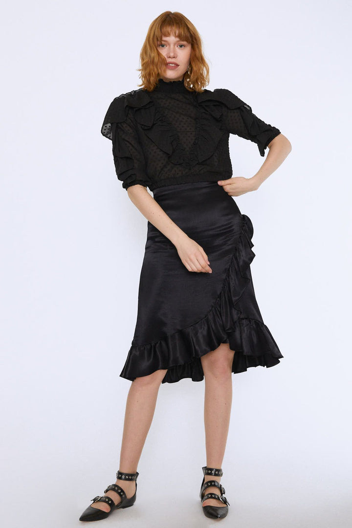 Fırfırlı Beli Lastikli Crop Bluz Siyah