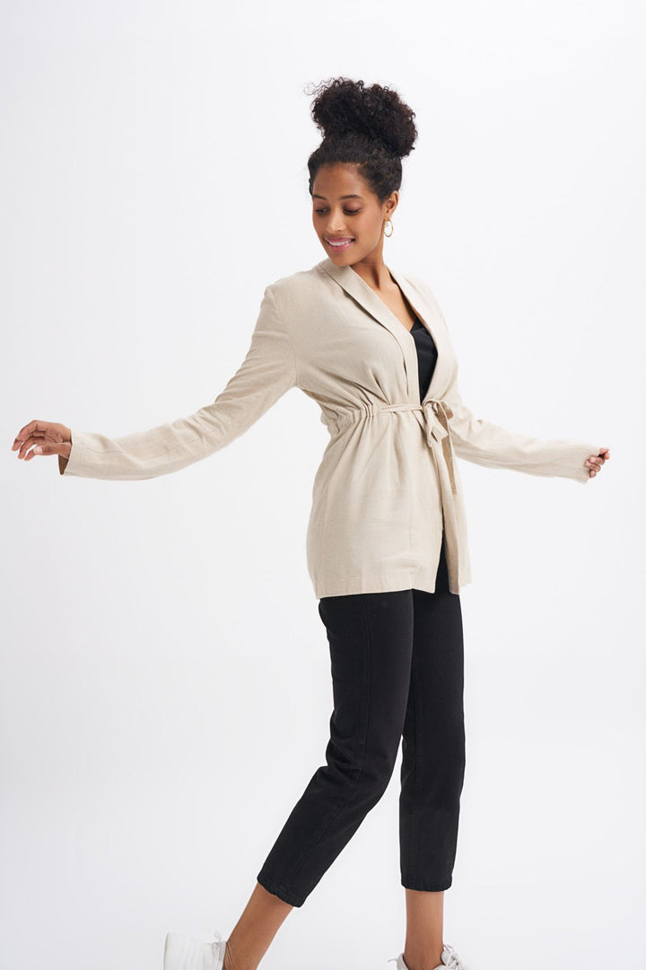 Waist Belted Linen Jacket Beige
