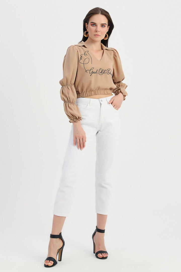 Embroidered V Neck Blouse Camel