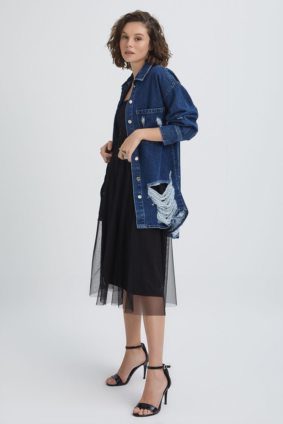 Kemer Detaylı Uzun Kot Ceket Mavi