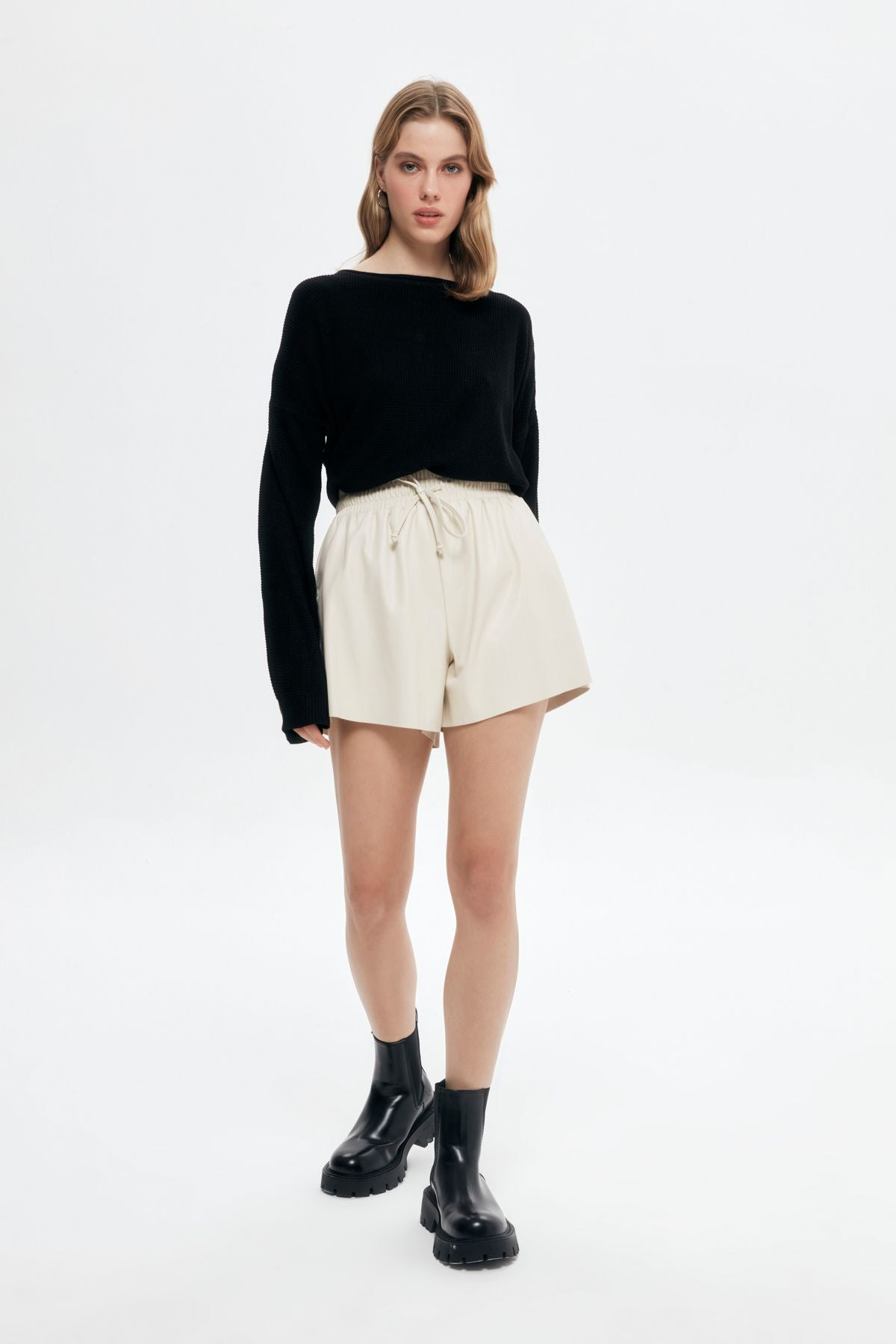 Leather Mini Shorts with Elastic Waist Stone