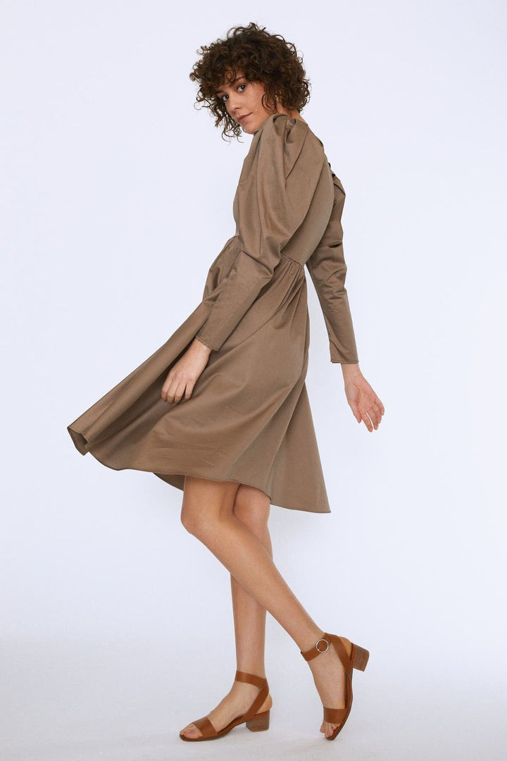Balloon Sleeve V Neck Midi Dress Earth