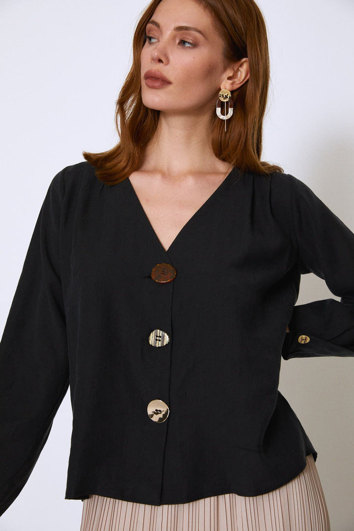Buttoned V-Neck Shirt Black