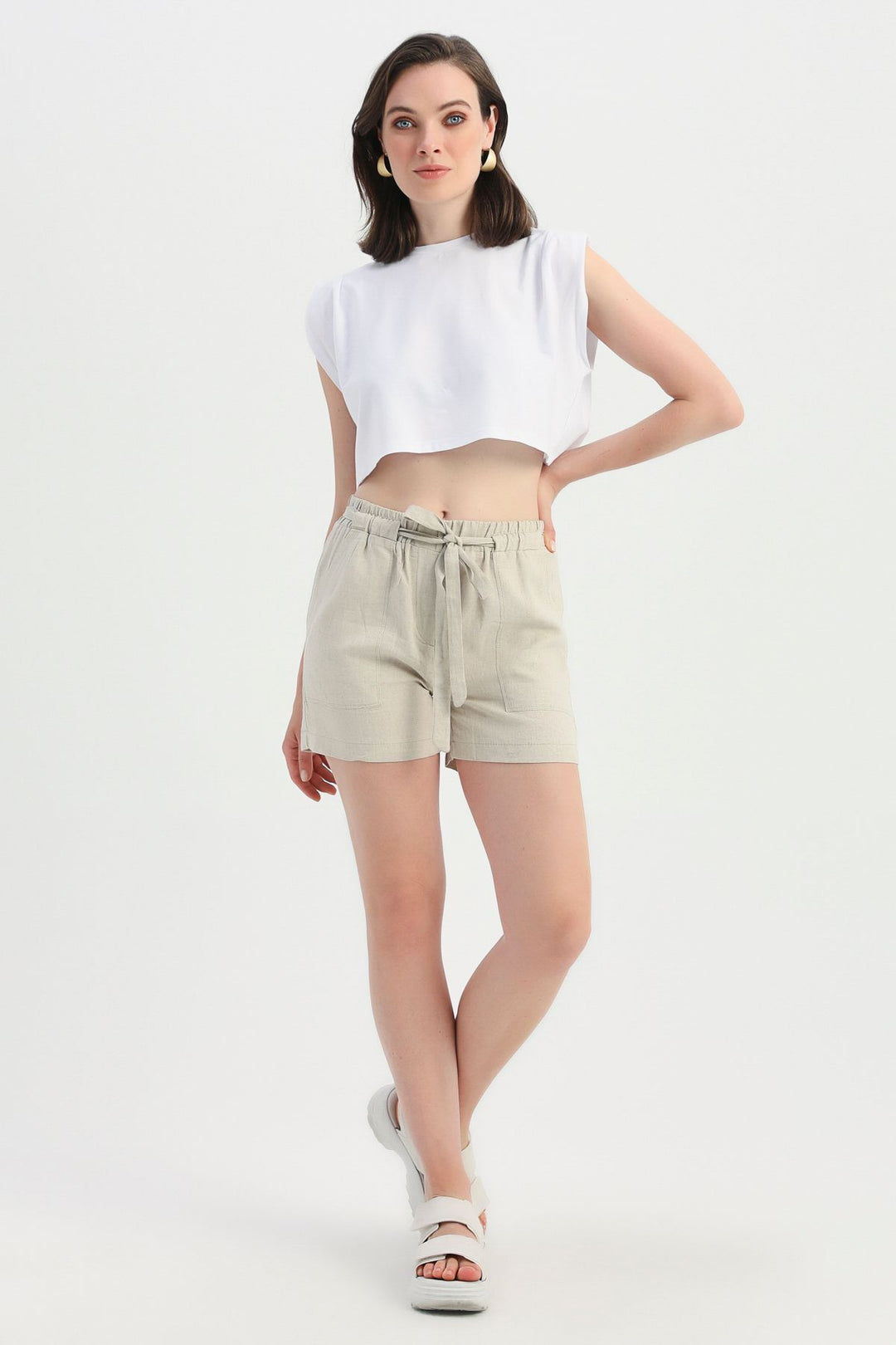 Belted High Waist Linen Shorts Natural