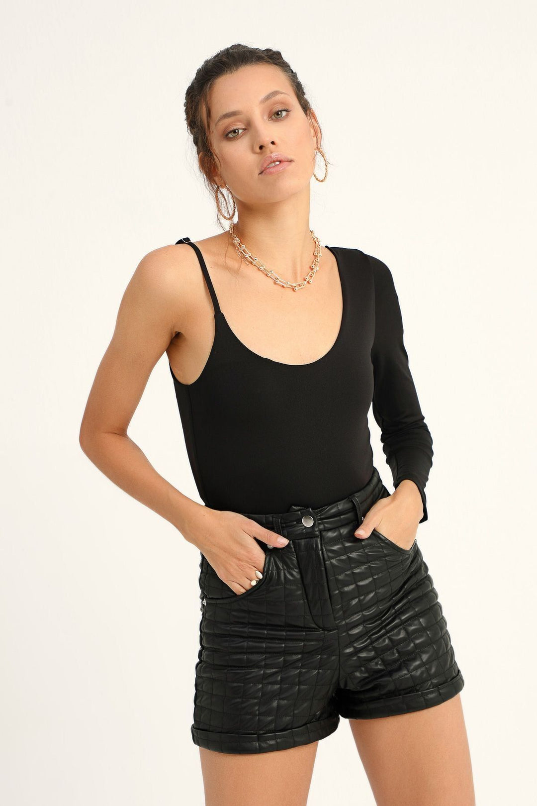 Asymmetric Sleeve Bodysuit Black