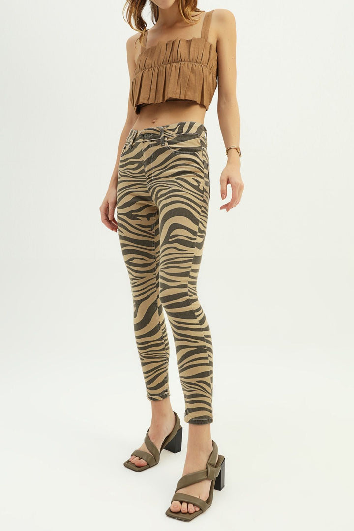 Zebra Desenli Skinny Pantolon Camel