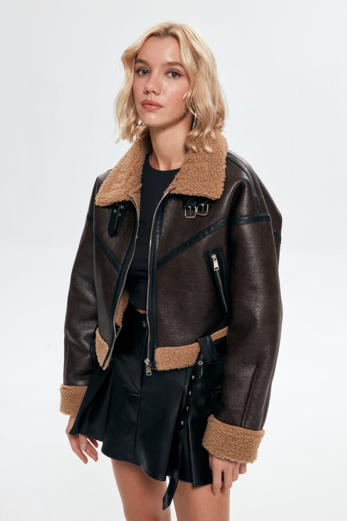 Plush Detailed Belted Coat Brown