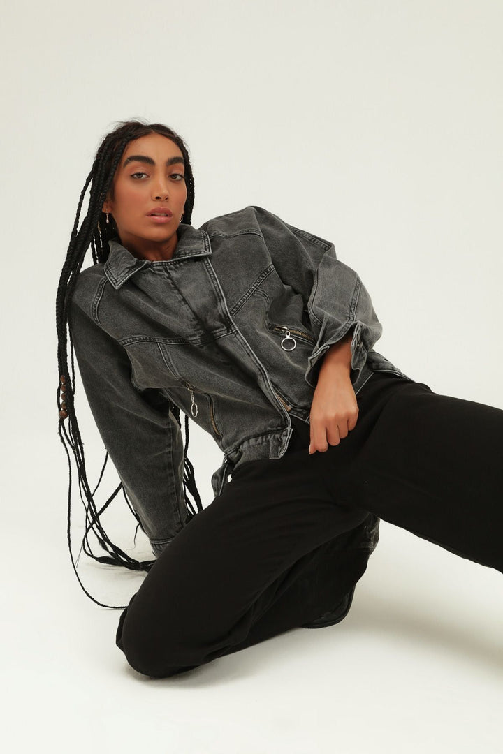 Belt Detailed Zippered Denim Jacket Gray