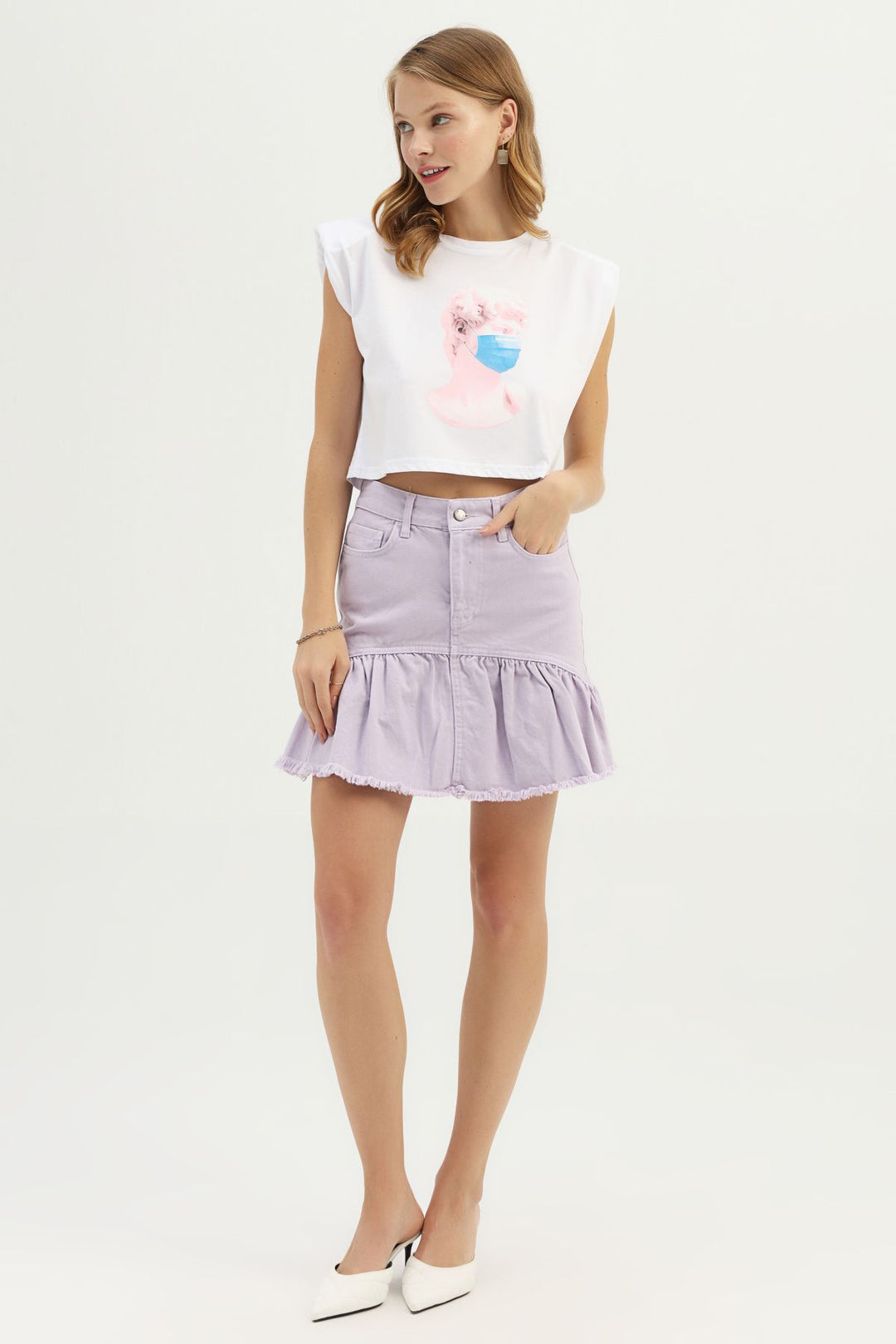 Baskılı Vatkalı Tişört Beyaz