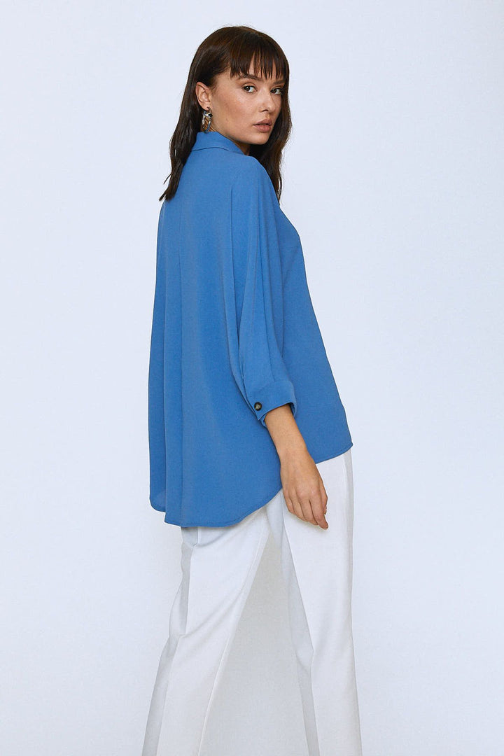 Uzun Oversize Cepli Gömlek İndigo