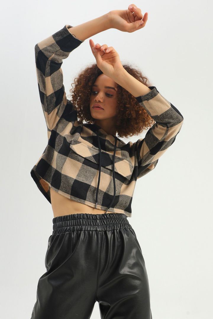 Plaid Hoodie Sweatshirt Beige