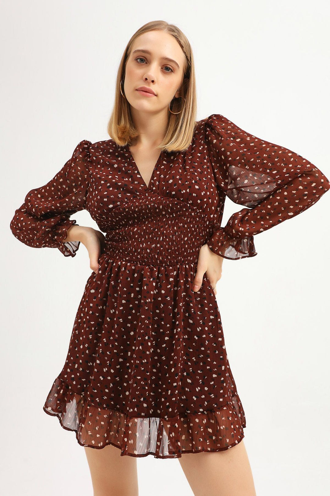 Patterned V-Neck Gipe Dress Dark Brown