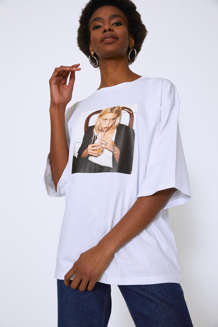 Oversize Baskılı Tişört Beyaz