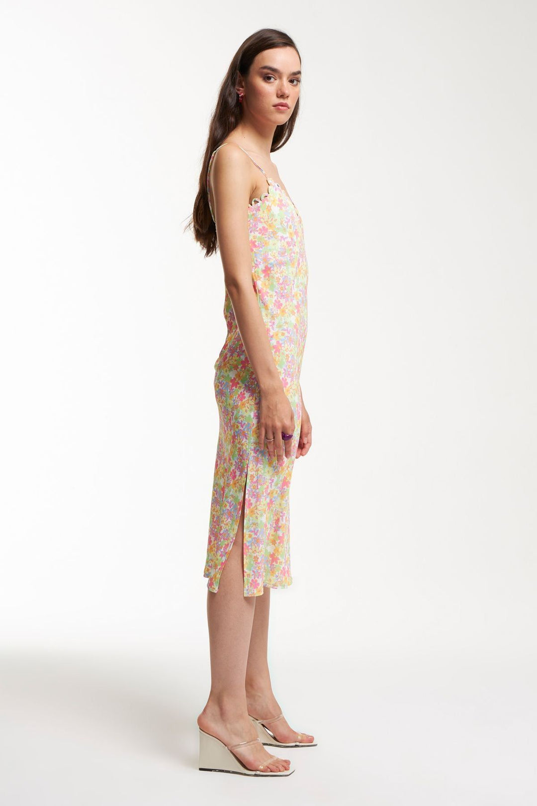 Askılı Desenli Uzun Elbise Yeşil