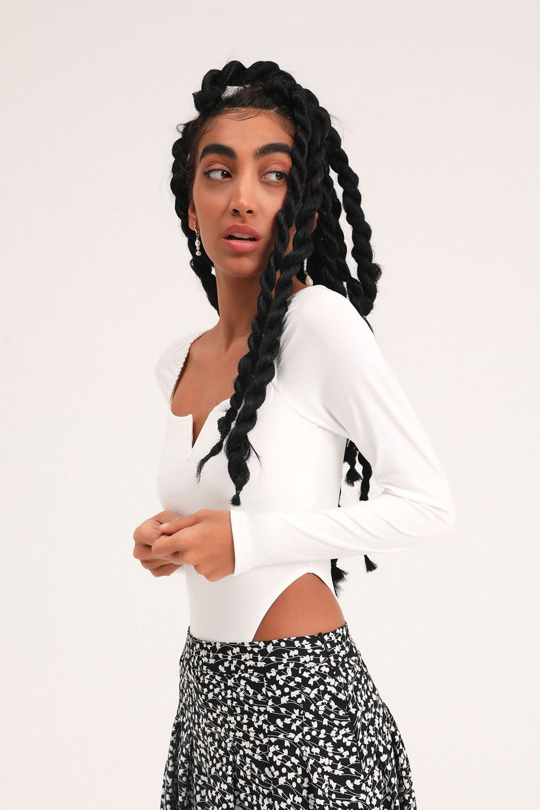 Square Neck Long Sleeve Bodysuit Ecru