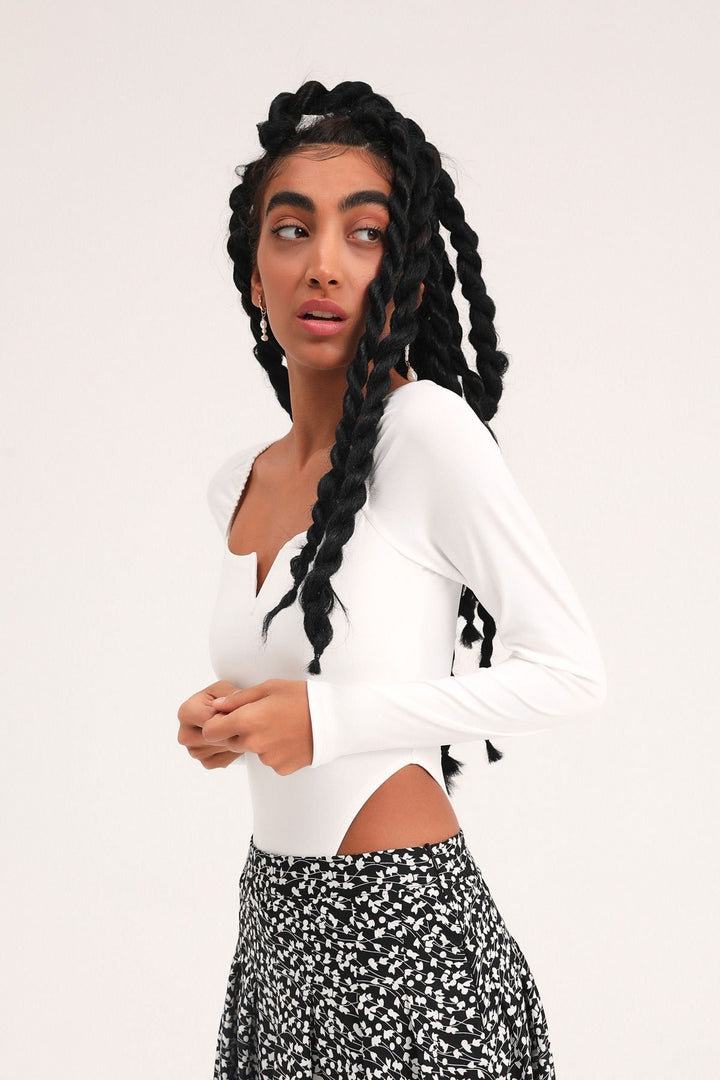 Square Neck Long Sleeve Bodysuit Ecru