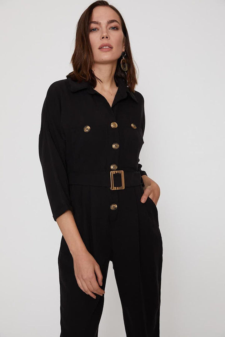 Beli Kuşaklı V Yaka Tulum Siyah