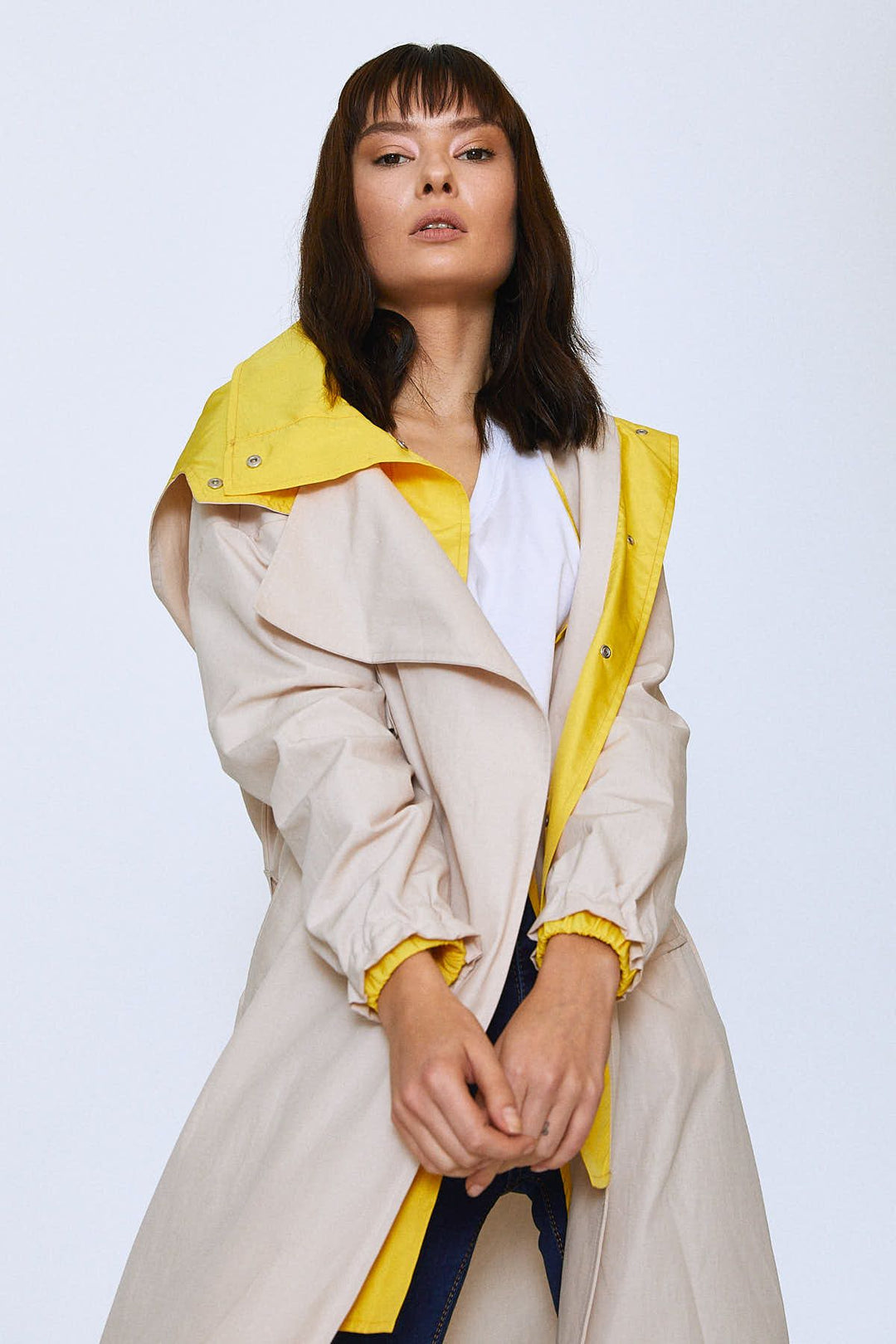 Back Printed Hooded Trench Coat Stone