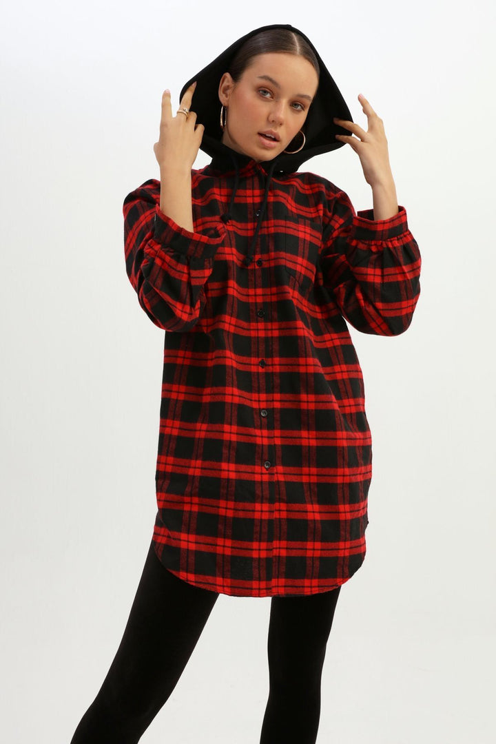 Hooded Back Printed Striped Shirt Red