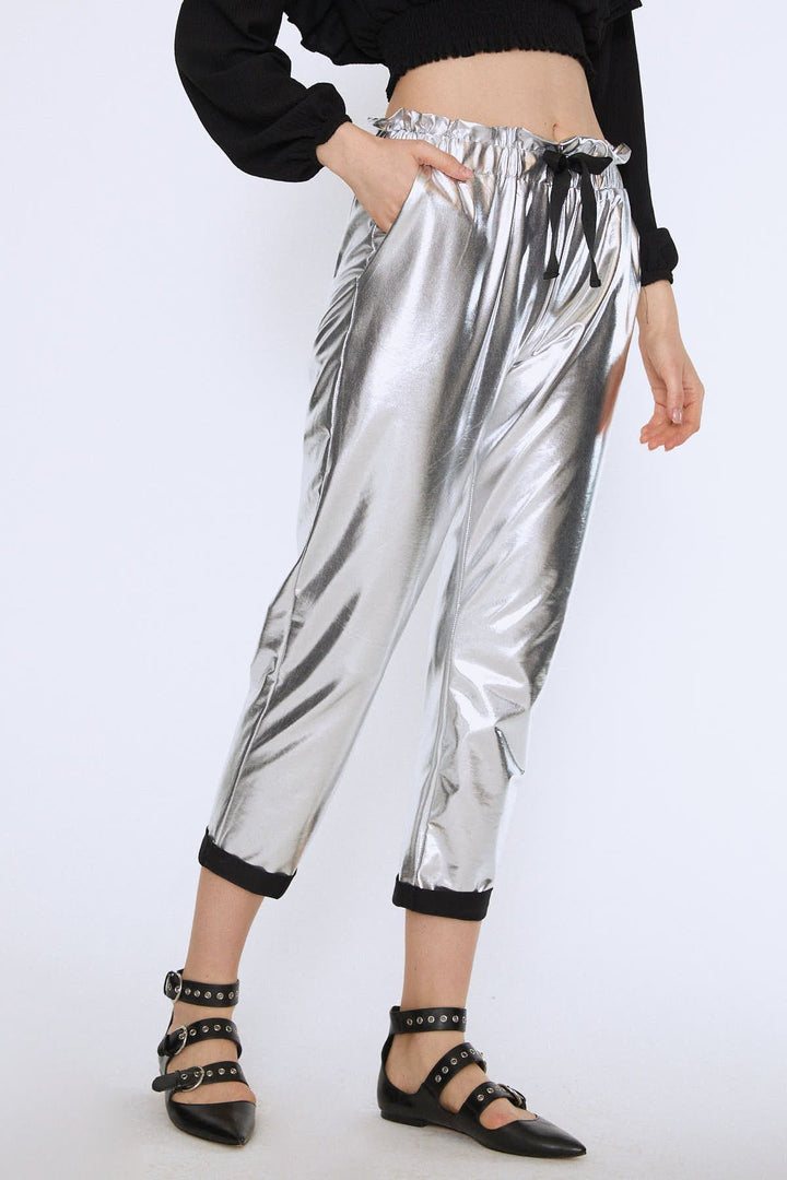 Tie Waist Pocket Jogger Pants Silver