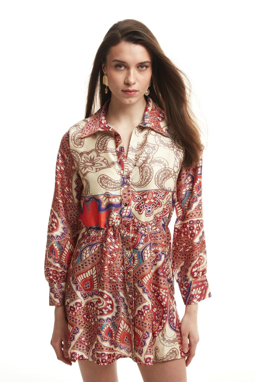 Colorful Patterned Satin Dress Orange