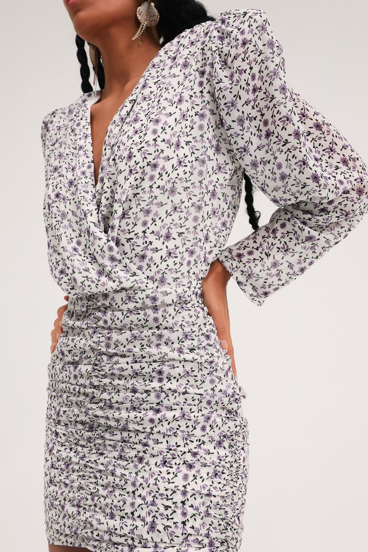 Patterned Pleated Double Breasted Mini Dress Ecru