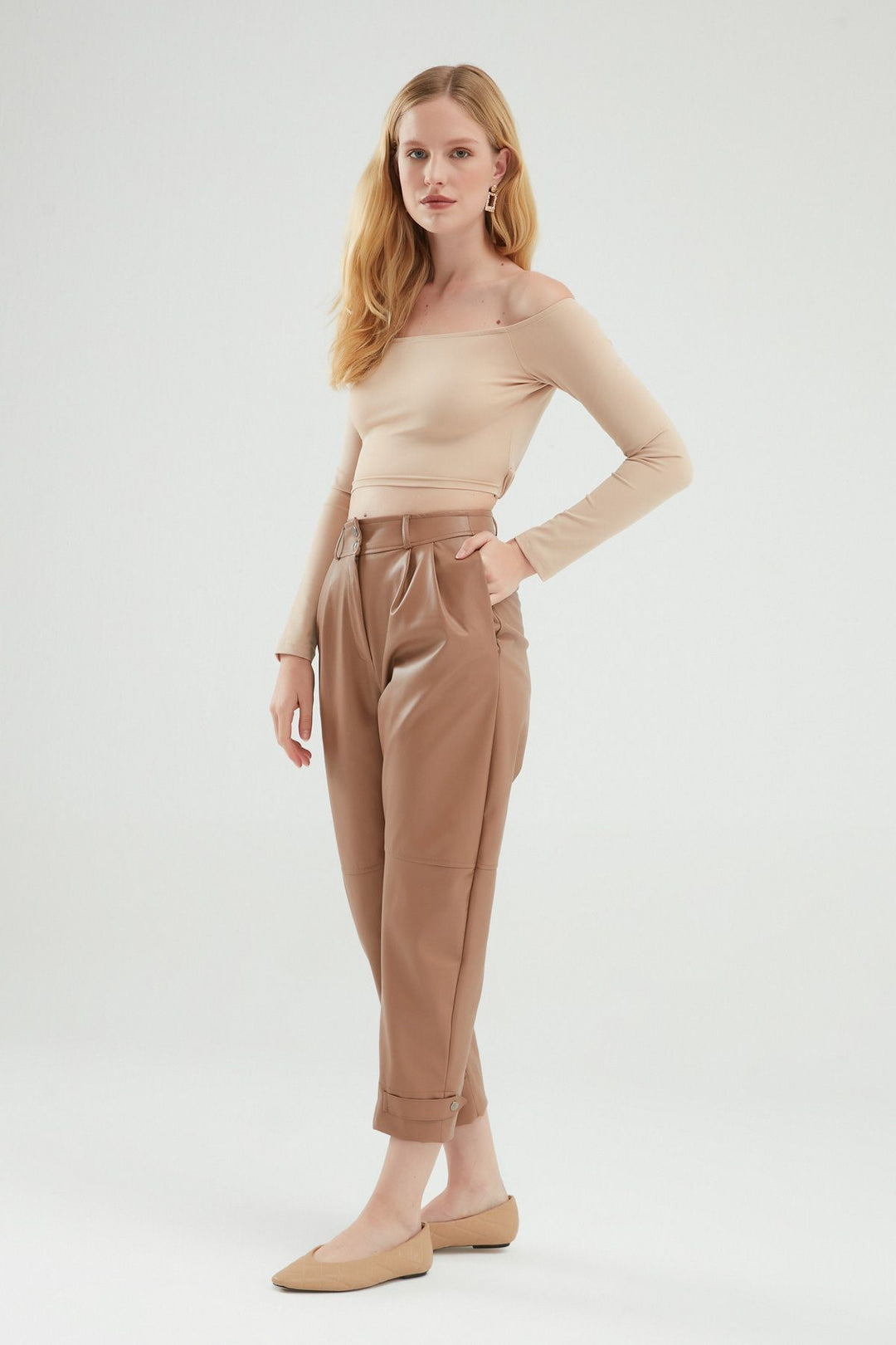Leather Jogger Camel With Snap Legs
