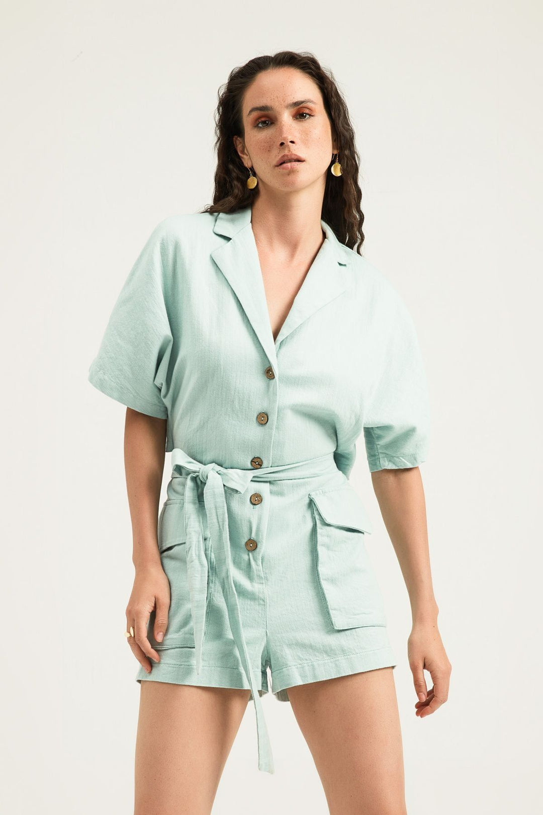 Tie Waist Short Sleeve Jumpsuit Mint