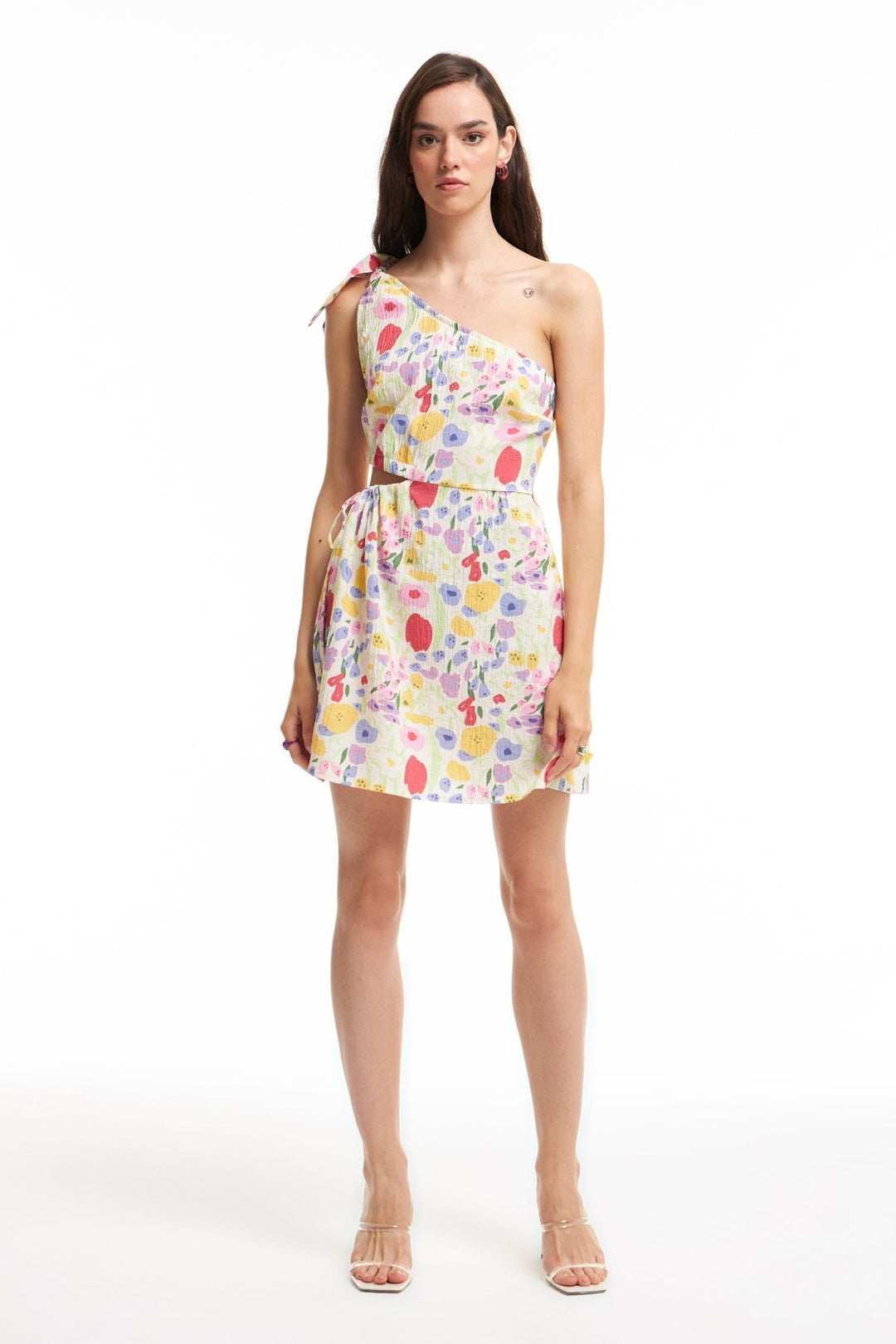 Side Pleated Single Sleeve Dress Ecru