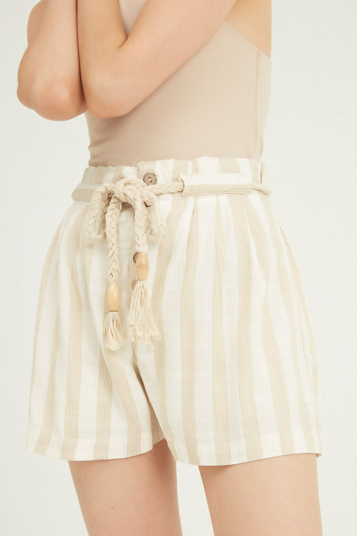 Striped Belted Linen Shorts Beige
