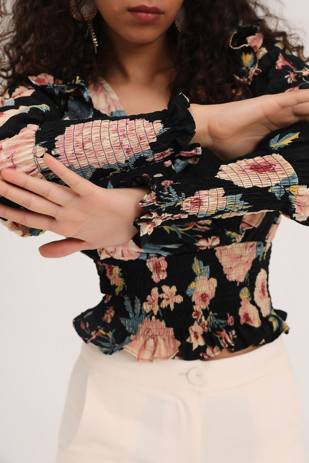 Floral Frilled Double Breasted Blouse Black