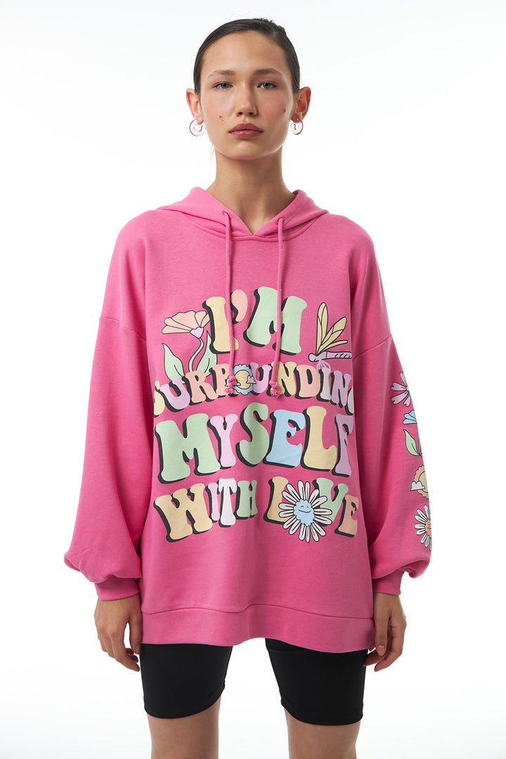 Yazı Baskılı Sweatshirt Pembe