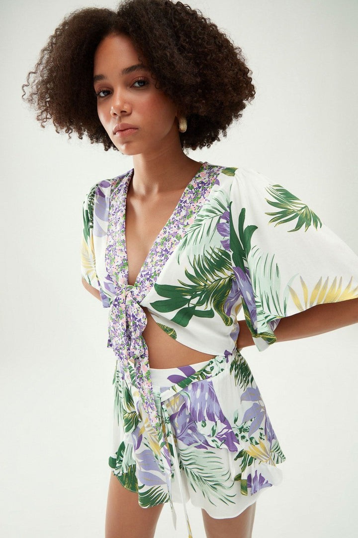 Patterned Tie Front Blouse Green