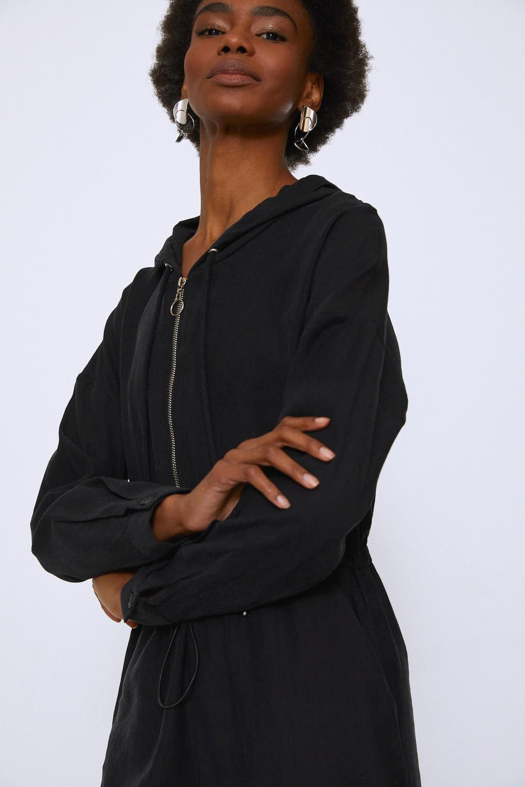 Zipper Front Hooded Jumpsuit Black