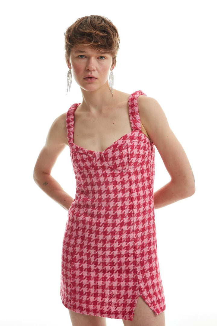 Slit Detailed Tweed Mini Dress Fuchsia