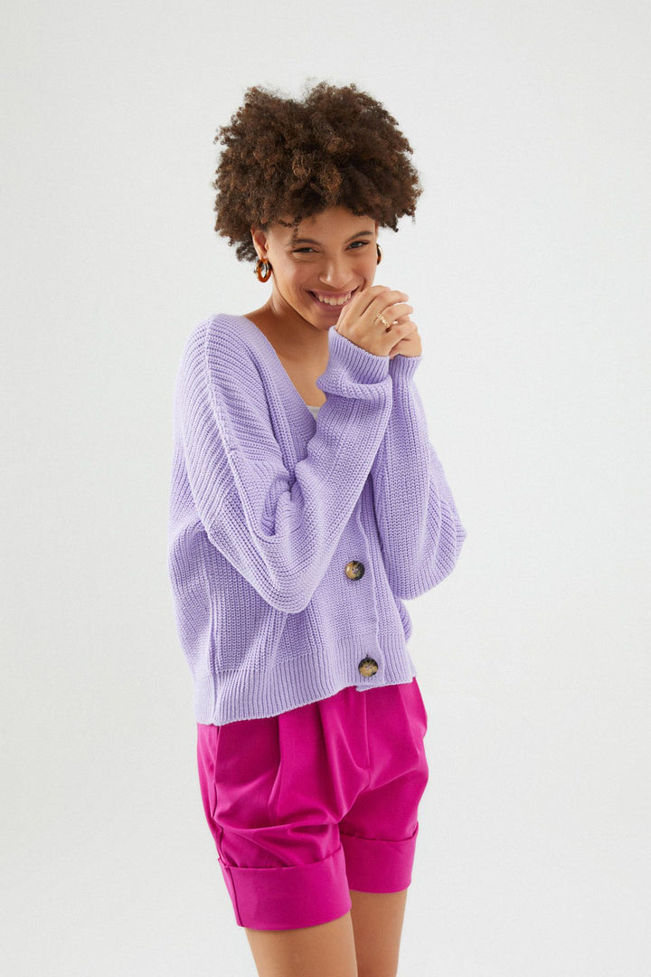 Düğmeli V Hırka Lila