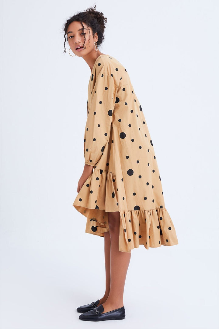 Asymmetrical Long Polka Dot Dress Camel