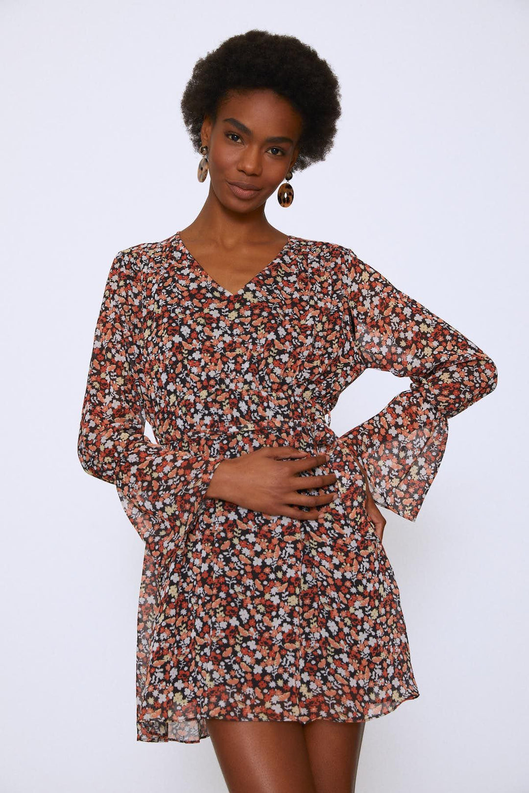 Crispy Flower Waist Belted Dress Orange