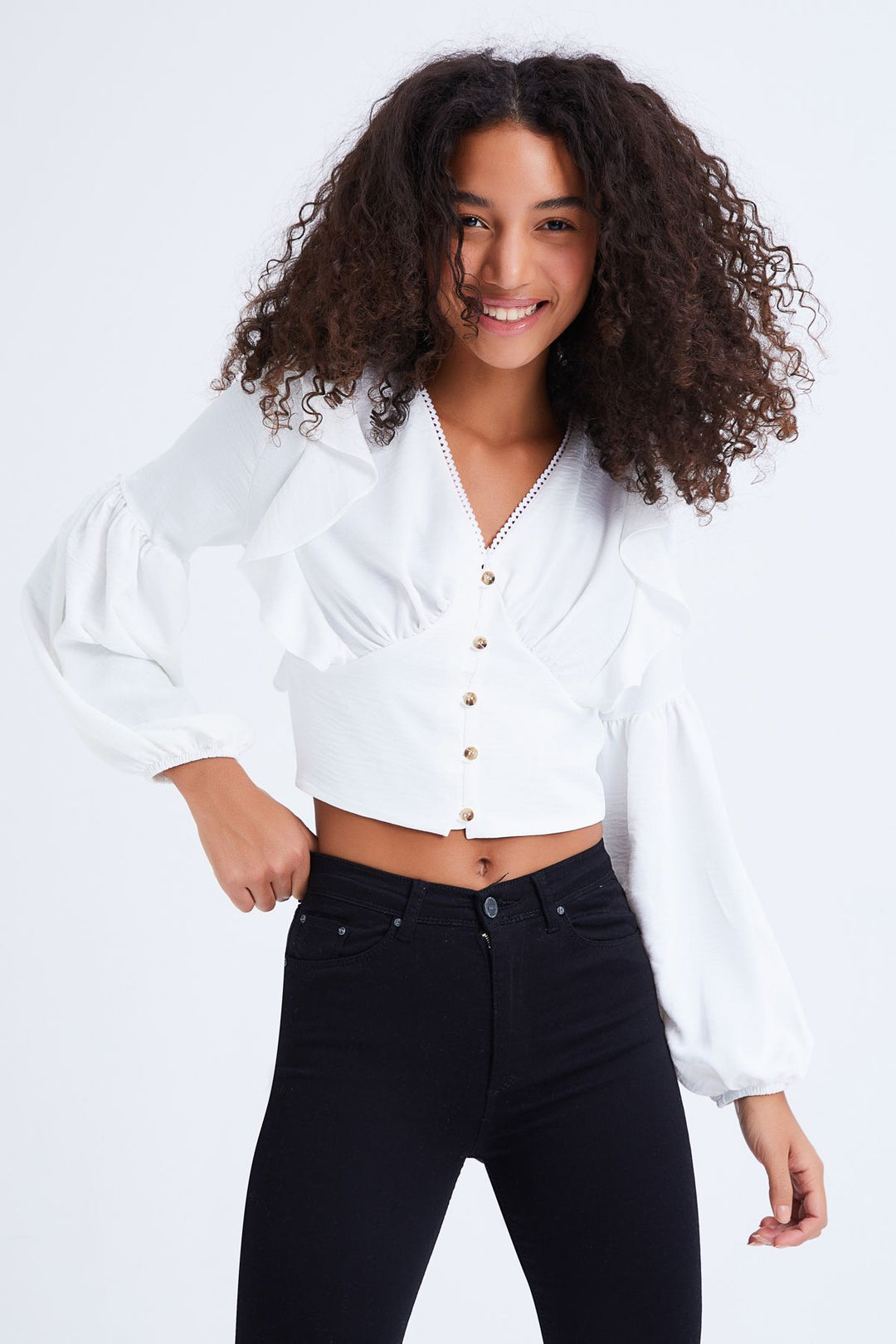 Button Front V-Neck Frilled Blouse Ecru