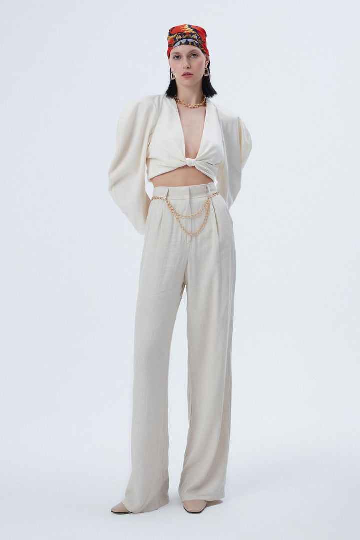 Zincir Kemerli Bol Paça Pantolon Naturel