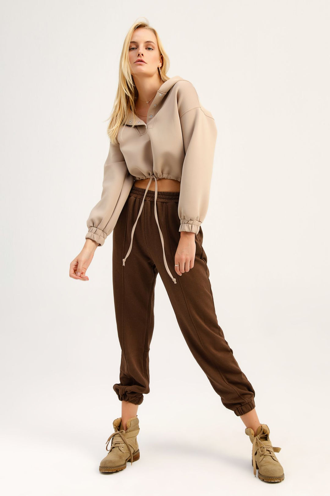 Dalgıç Kumaş Kapüşonlu Sweatshirt Vizon