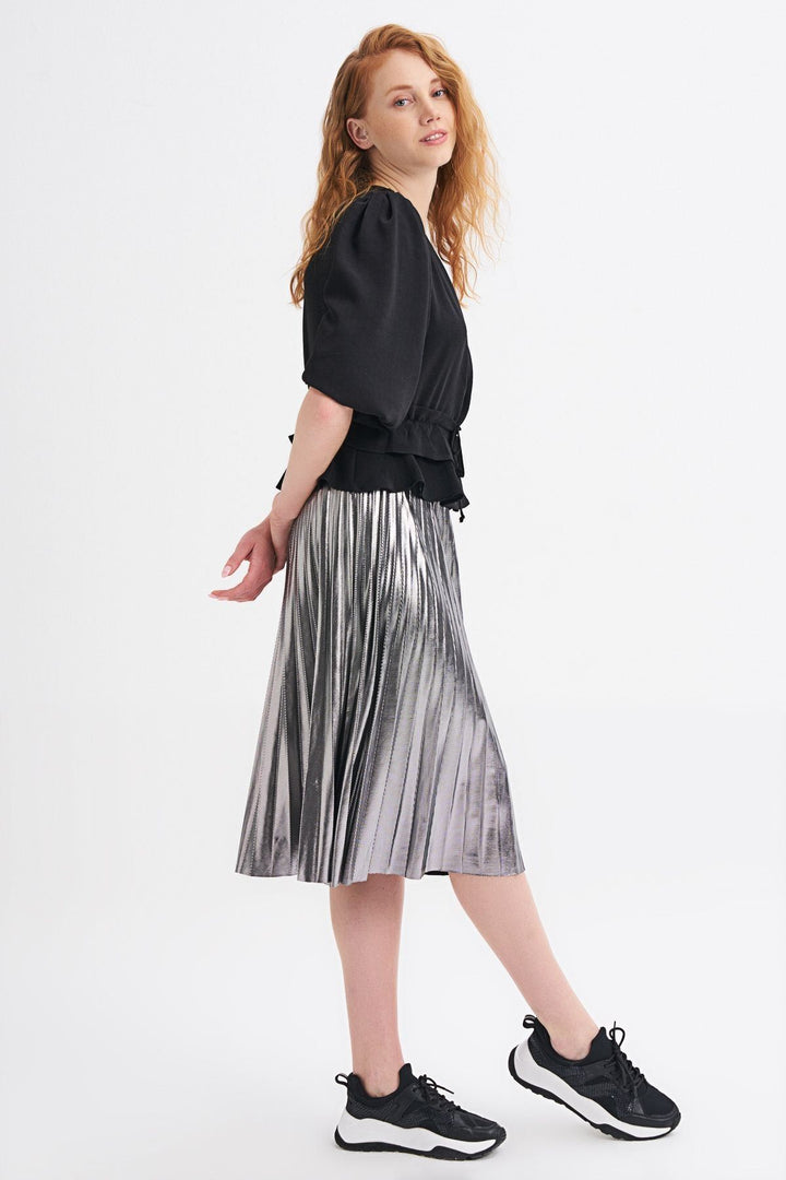 Pleated Midi Skirt Silver