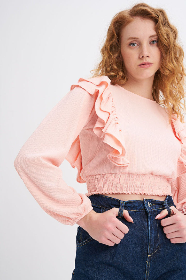 Frilled Crop Blouse With Waist Gipey Powder