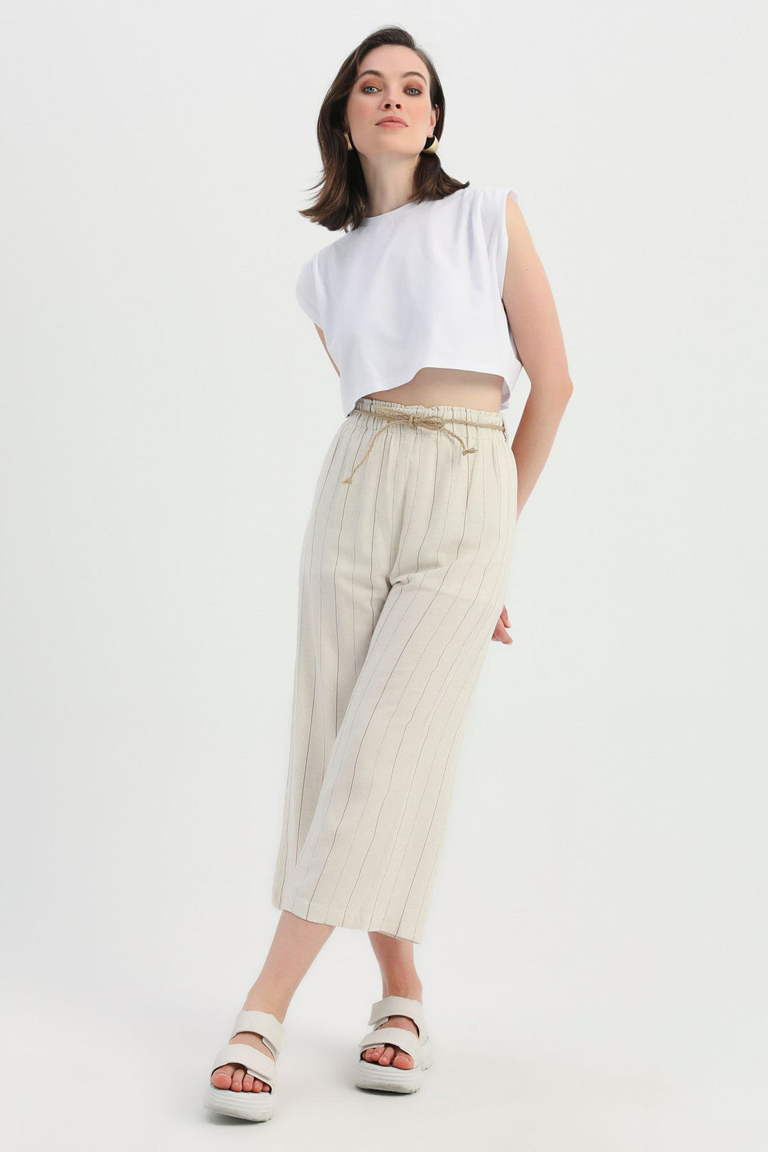 Striped Straw Rope Belt Linen Trousers Brown