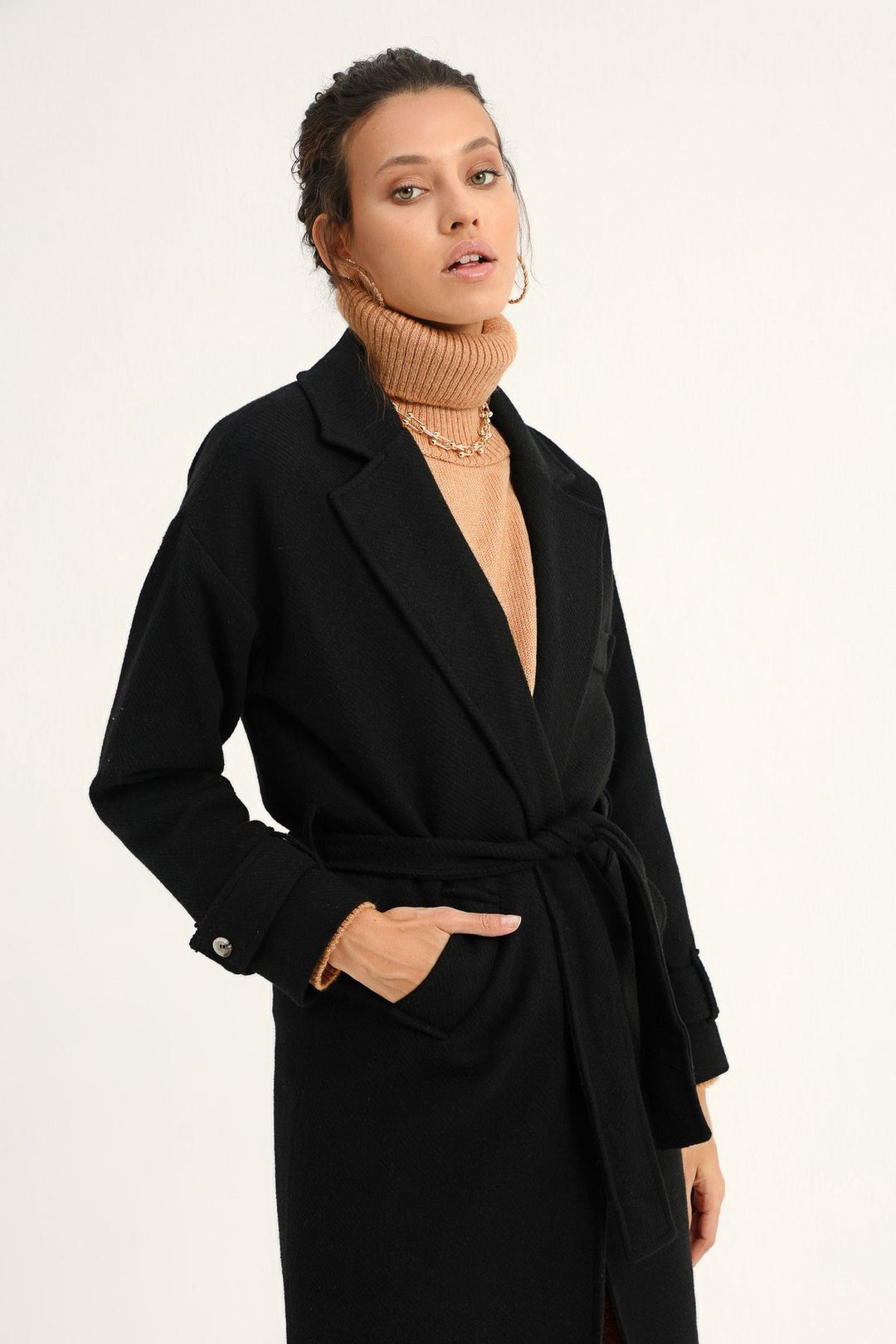 Waist Belted Long Coat Black
