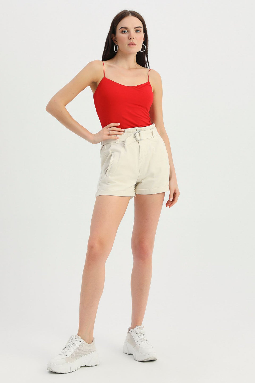 Belted Denim Shorts Bone