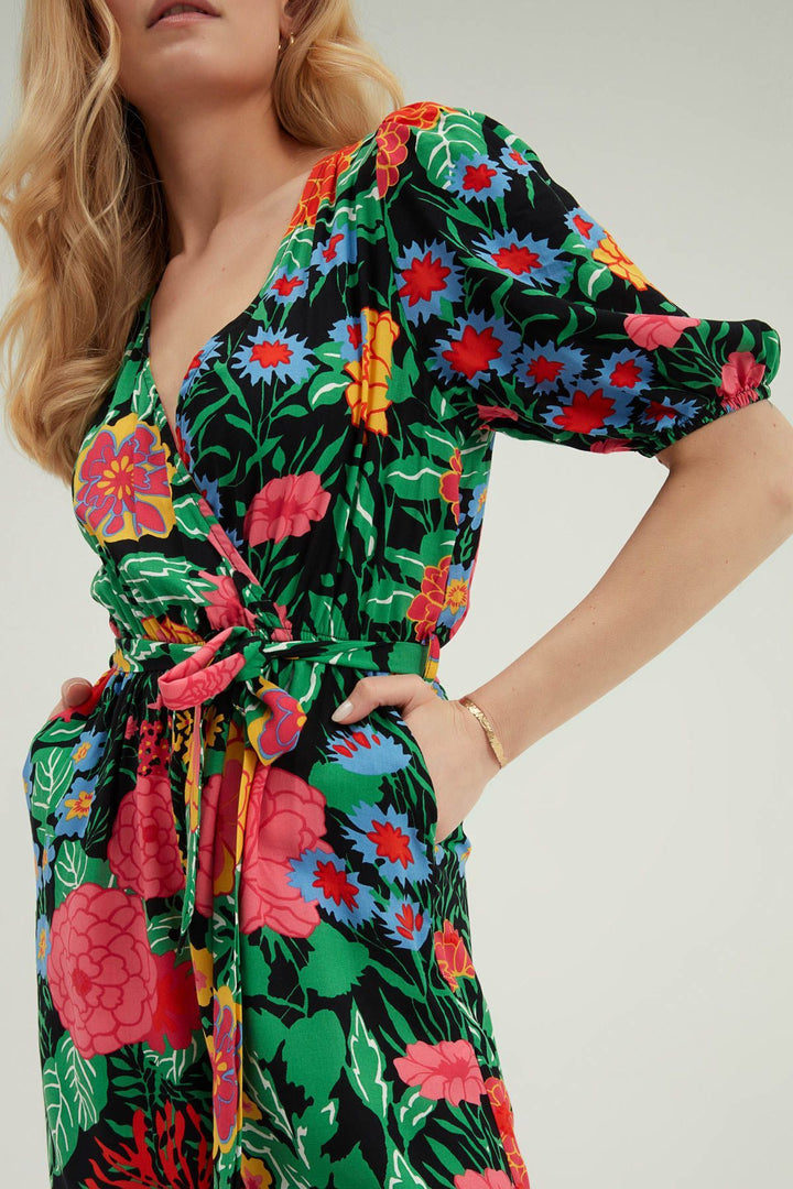Floral Patterned Double Breasted Jumpsuit Black