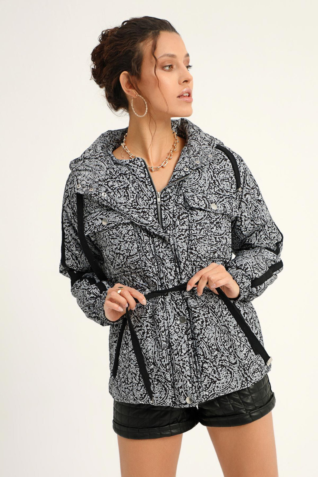 Patterned Hooded Coat Black